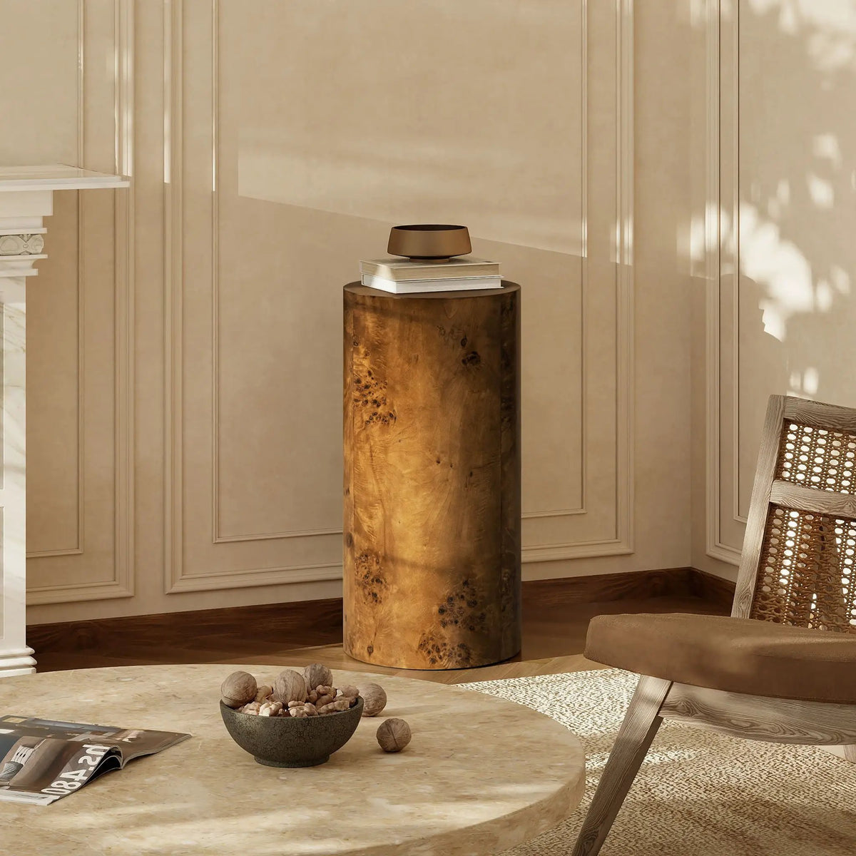 Nebula Pillar Side Table | Burl Wood Veneer | 29.5 Inch Height | Side Table Or Plinth