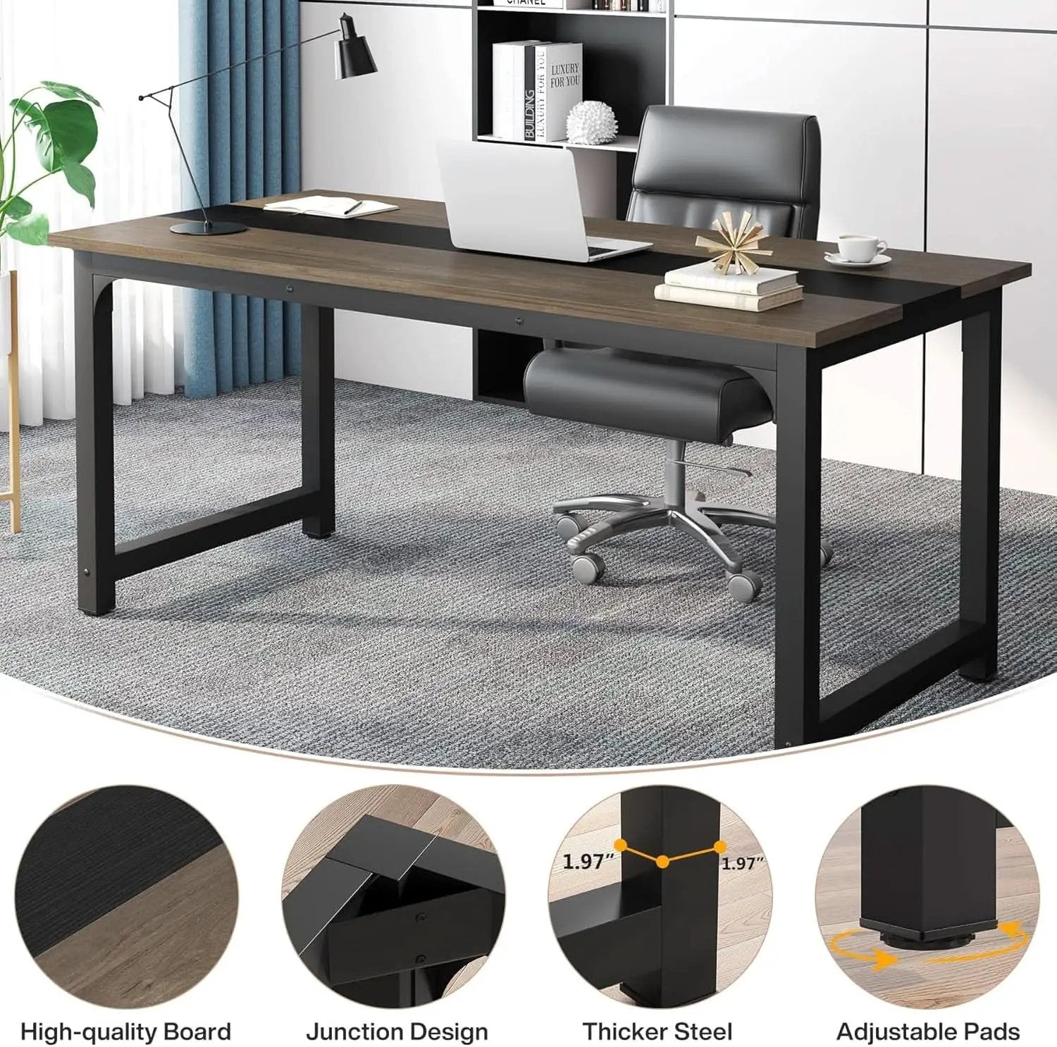 70.8 Inch Executive Desk Vintage Grey Black Large Office Computer Desk from PriceLows™