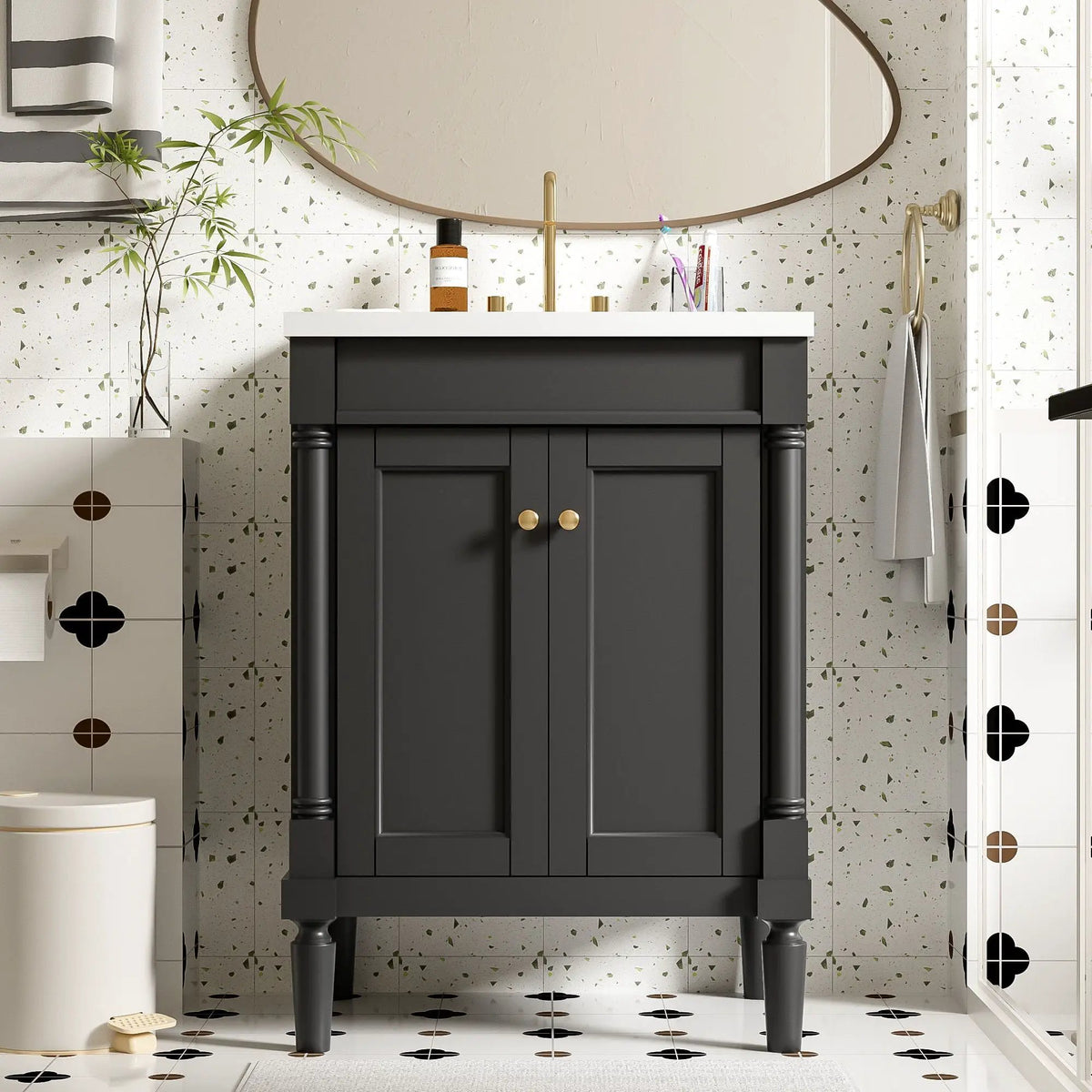 24 Inch Bathroom Vanity With Top Sink | 2 Tier Storage Cabinet | Retro Metal Handles | Soft-Closing Hinges