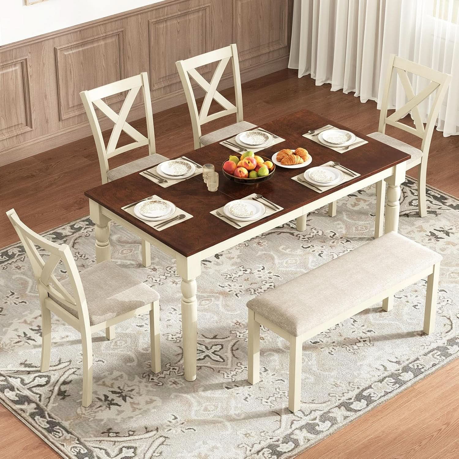 Sixty Inch Solid Wood Walnut Finish Dining Table Set Upholstered Chairs from PriceLows™