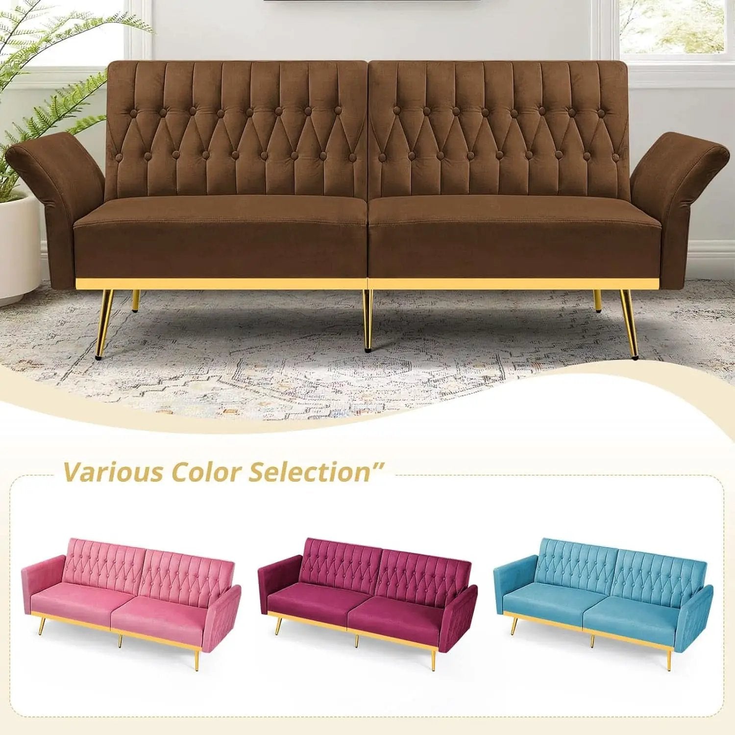 2 Piece Velvet Sofa Set With Adjustable Armrests, 70 Inch Convertible Futon Sofa Bed, Brown from PriceLows™