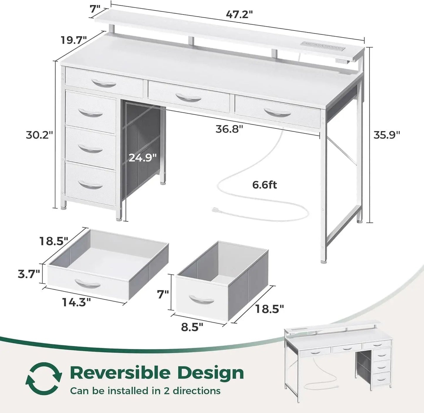 White 47 Inch LED Gaming Desk With 6 Drawers USB Type C from PriceLows™