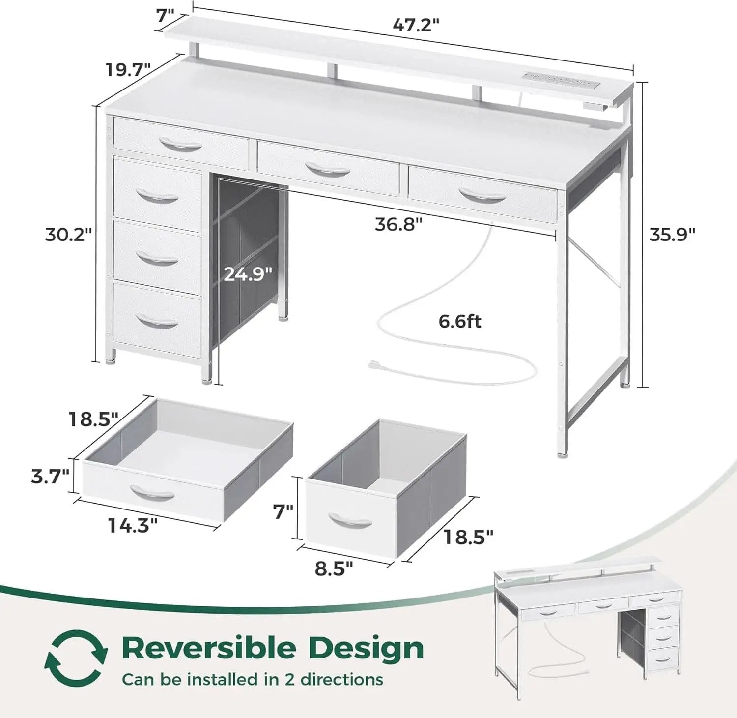 White 47 Inch LED Gaming Desk With 6 Drawers USB Type C from PriceLows™