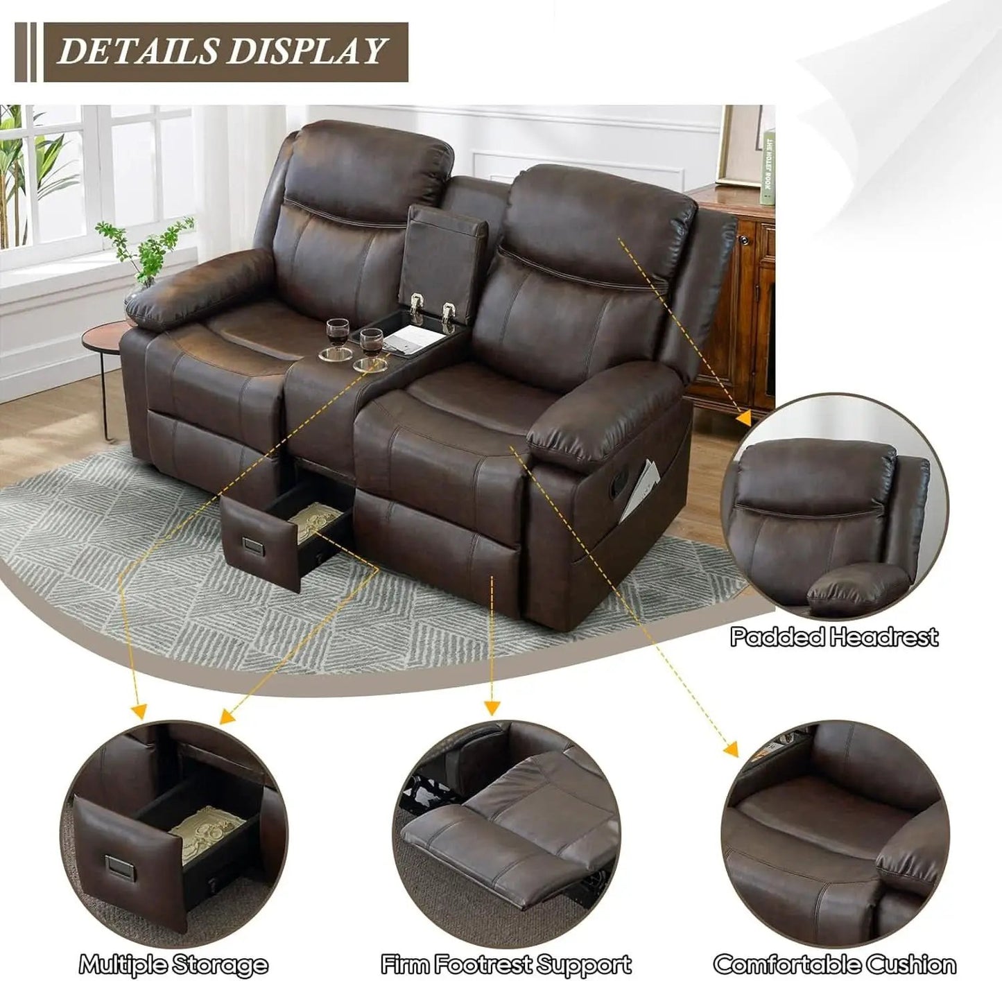 Brown PU Leather Two Seater Loveseat Recliner With Console And Double Reclining from PriceLows™