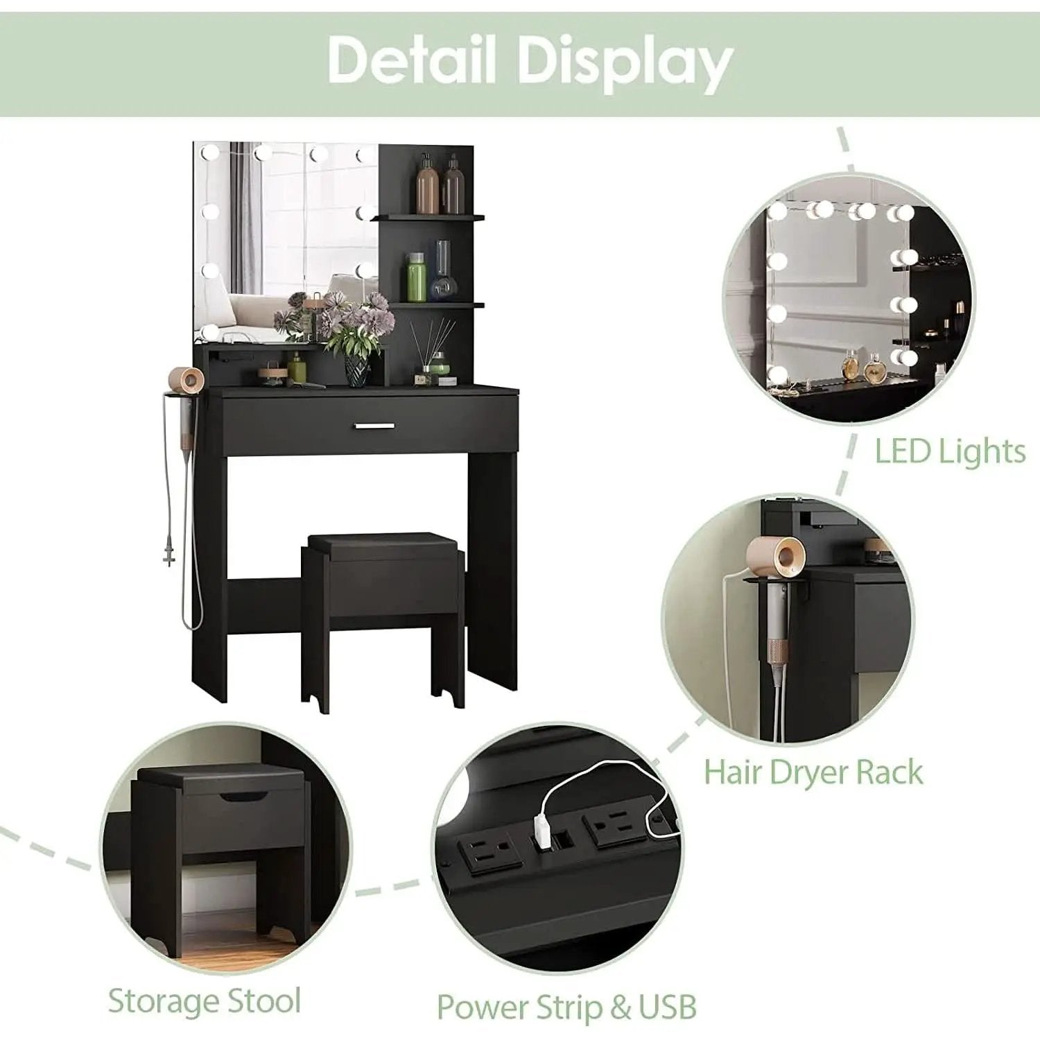 Black Makeup Vanity Table With Lighted Mirror And USB Ports from PriceLows™