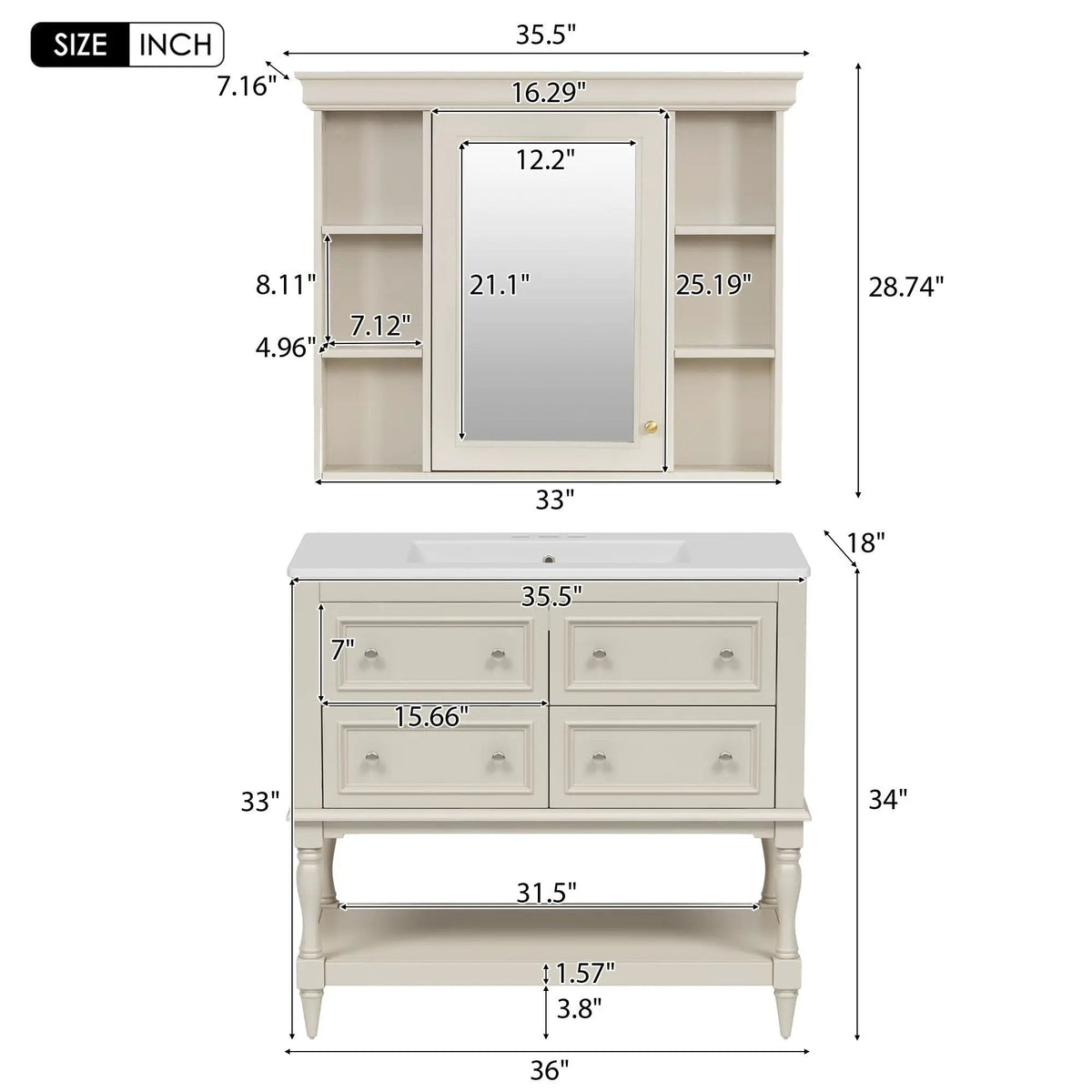 Bathroom Vanity With Medicine Cabinet | 4 Extension Drawers | Adjustable Shelf Mirror | Solid Wood Frame