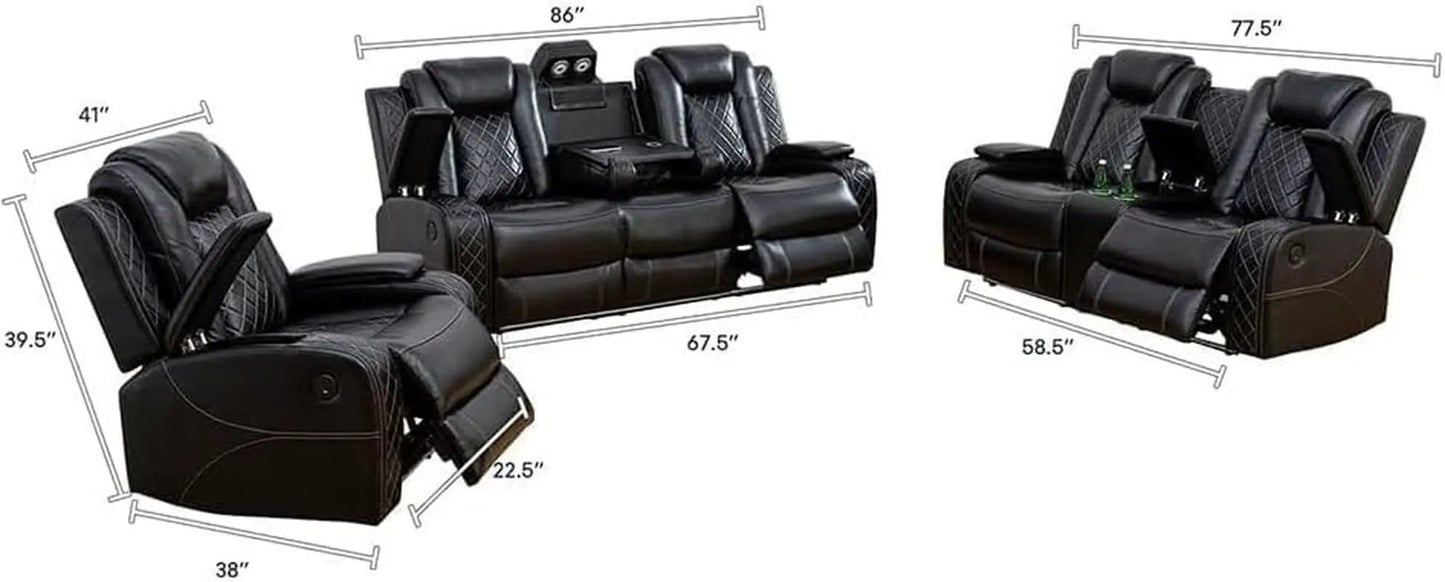 Black 3Piece Power Recliner Sofa Set With LED Light from PriceLows™
