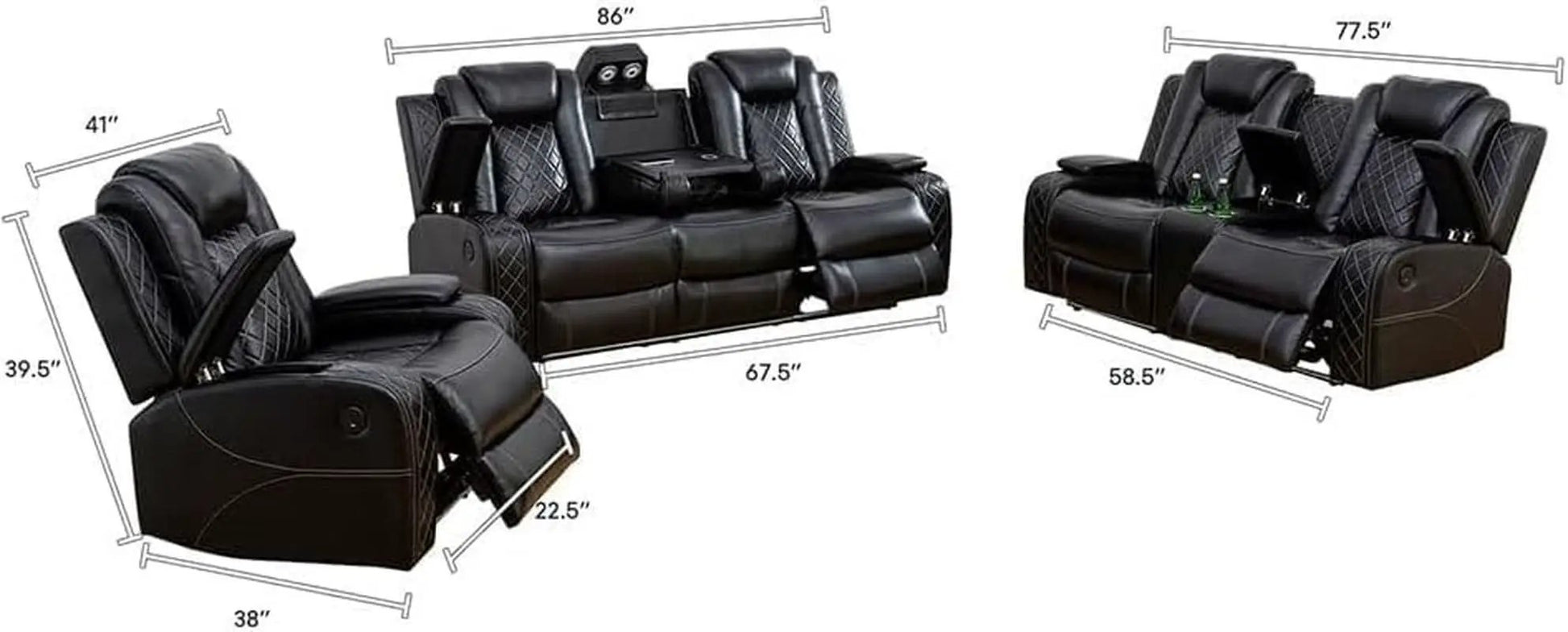 Black 3Piece Power Recliner Sofa Set With LED Light from PriceLows™