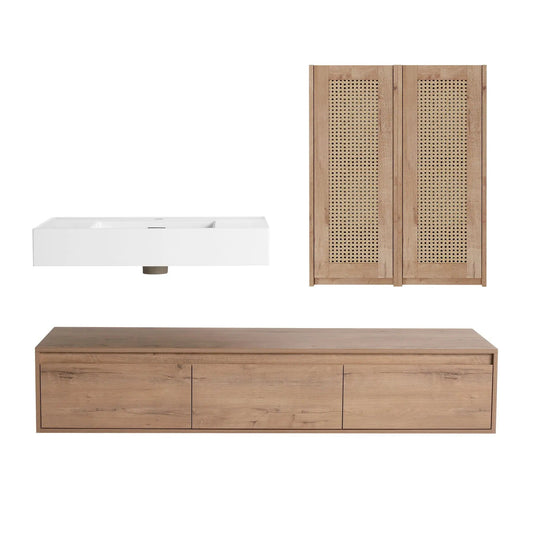Modern Wall Mounted Bathroom Vanity With Resin Sink And 2 Side Cabinet, Construction | 58.7 x 18.1 x 15.8 in | Ceramic & Plywood | Oak