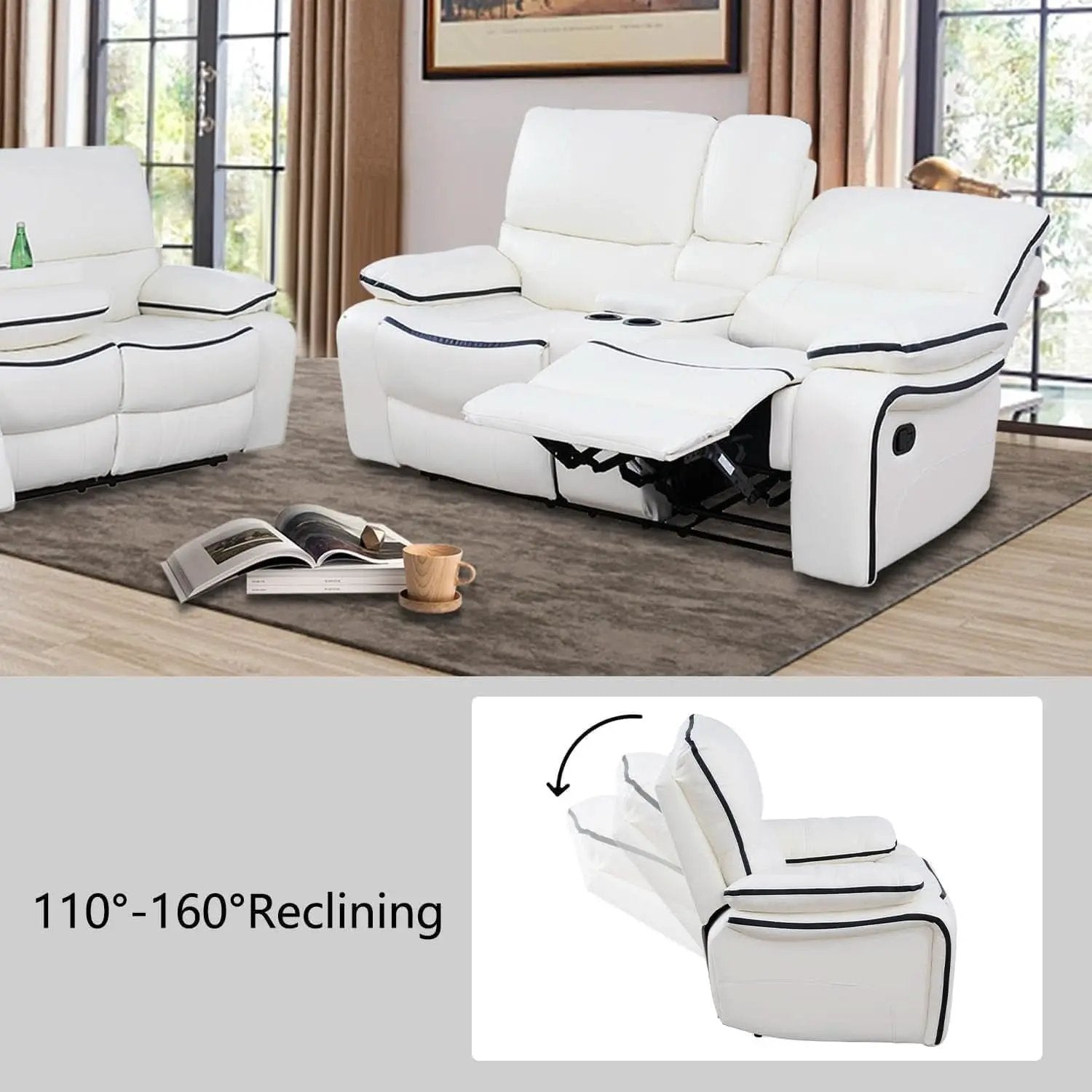 Creamy White Leather Recliner Sofa Set With Storage Console from PriceLows™