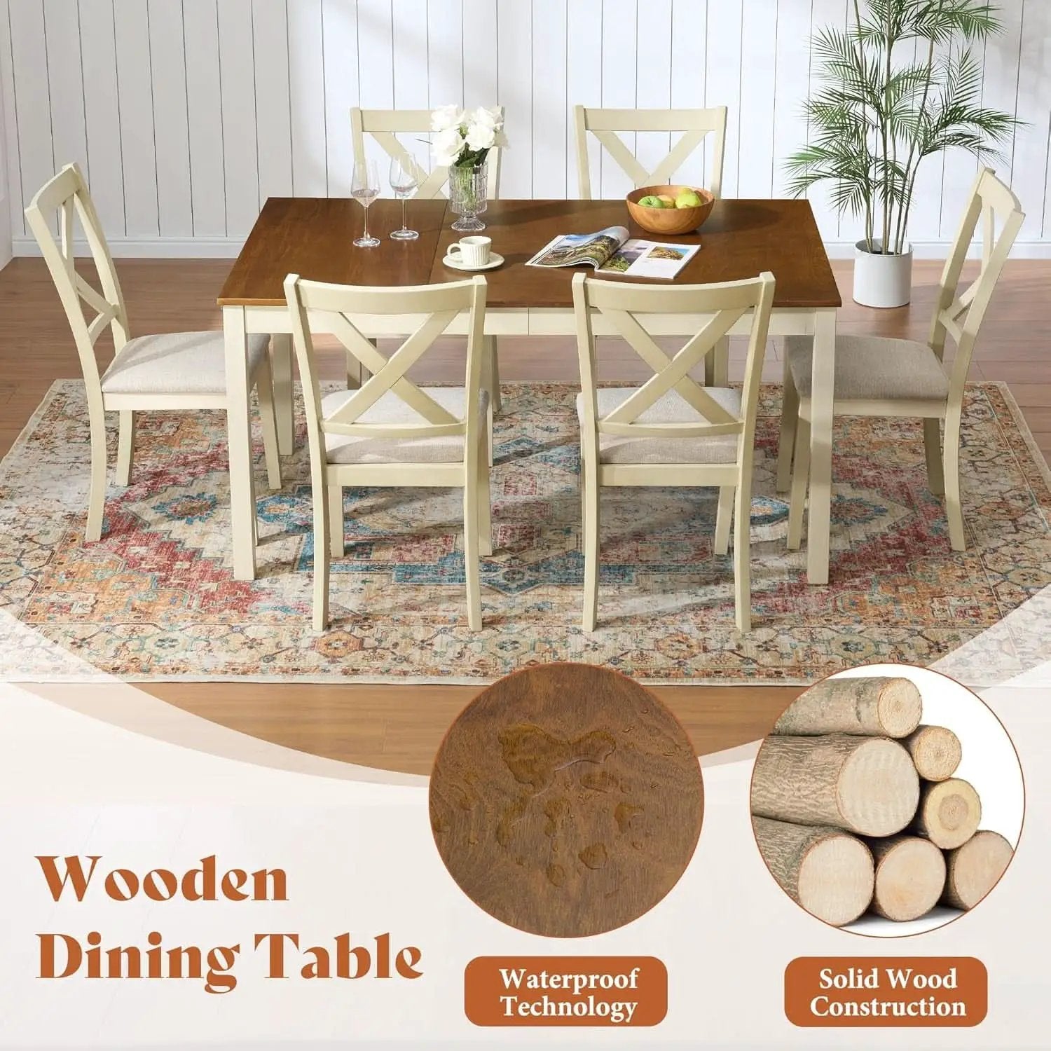 Farmhouse Handcrafted SolidWood Dining Table Set Cream from PriceLows™