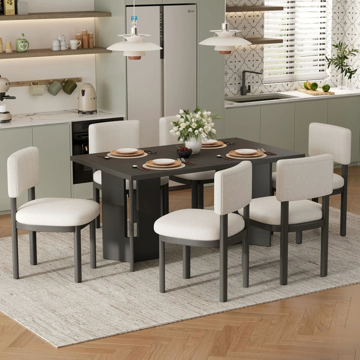 Dining Table Set | 60 Inch Rectangular | Six Upholstered Chairs