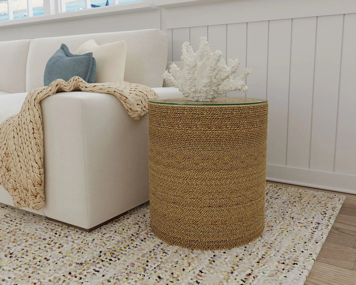 Halden Round Woven Seagrass Accent Side Table Light | 18 x 18 x 20 in | Tempered Glass & Plywood | Brown