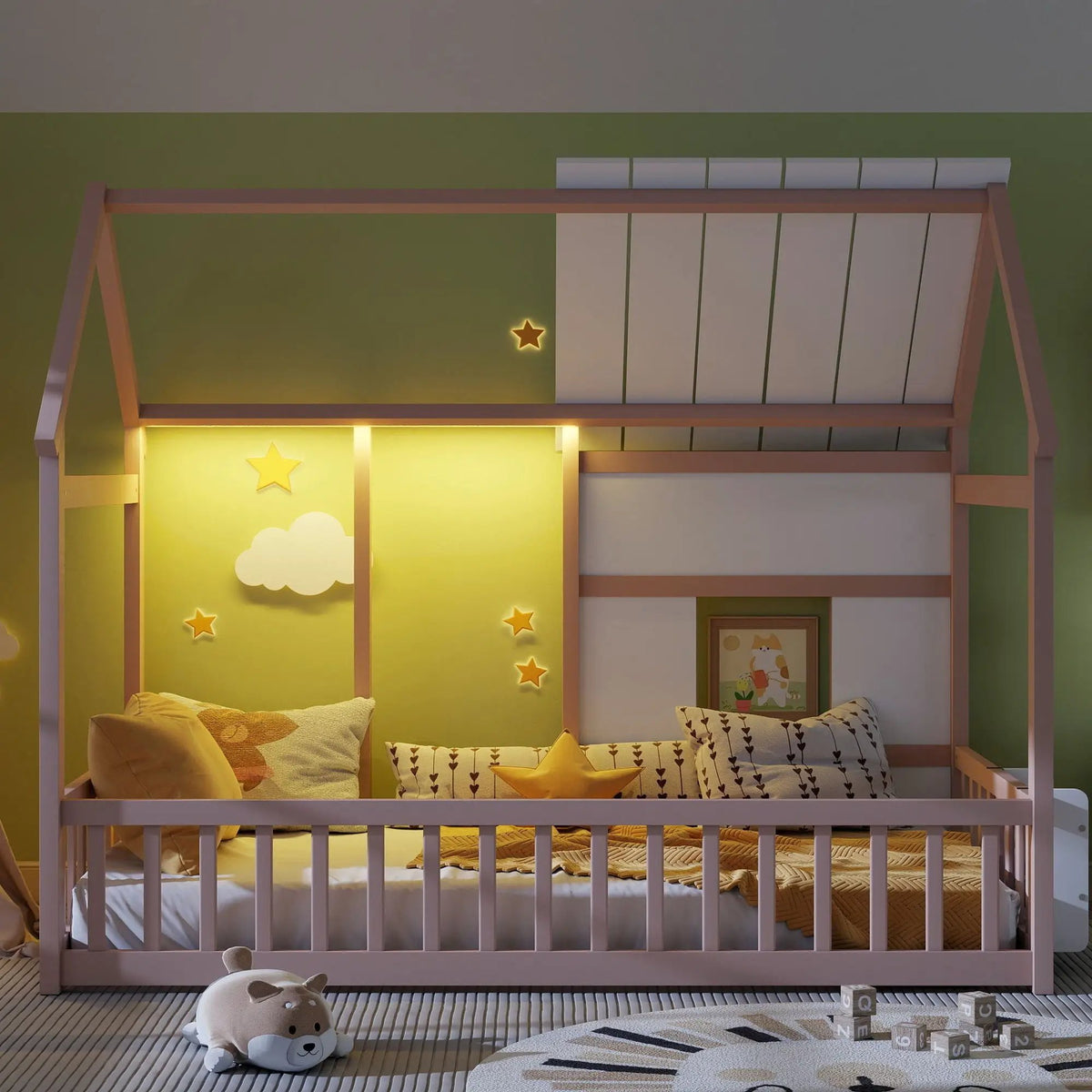 House Floor Bed | 7 Color LED Lights | Built In Bookshelf