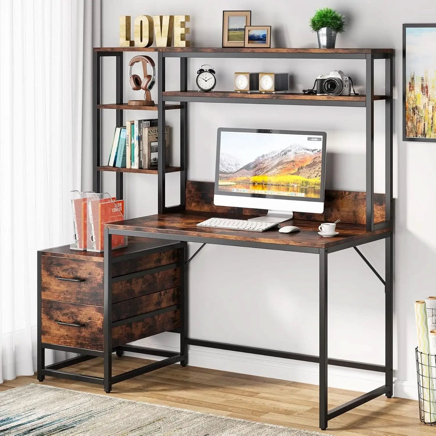 55 Inch Rustic Brown Computer Desk With Drawers And Shelves from PriceLows™