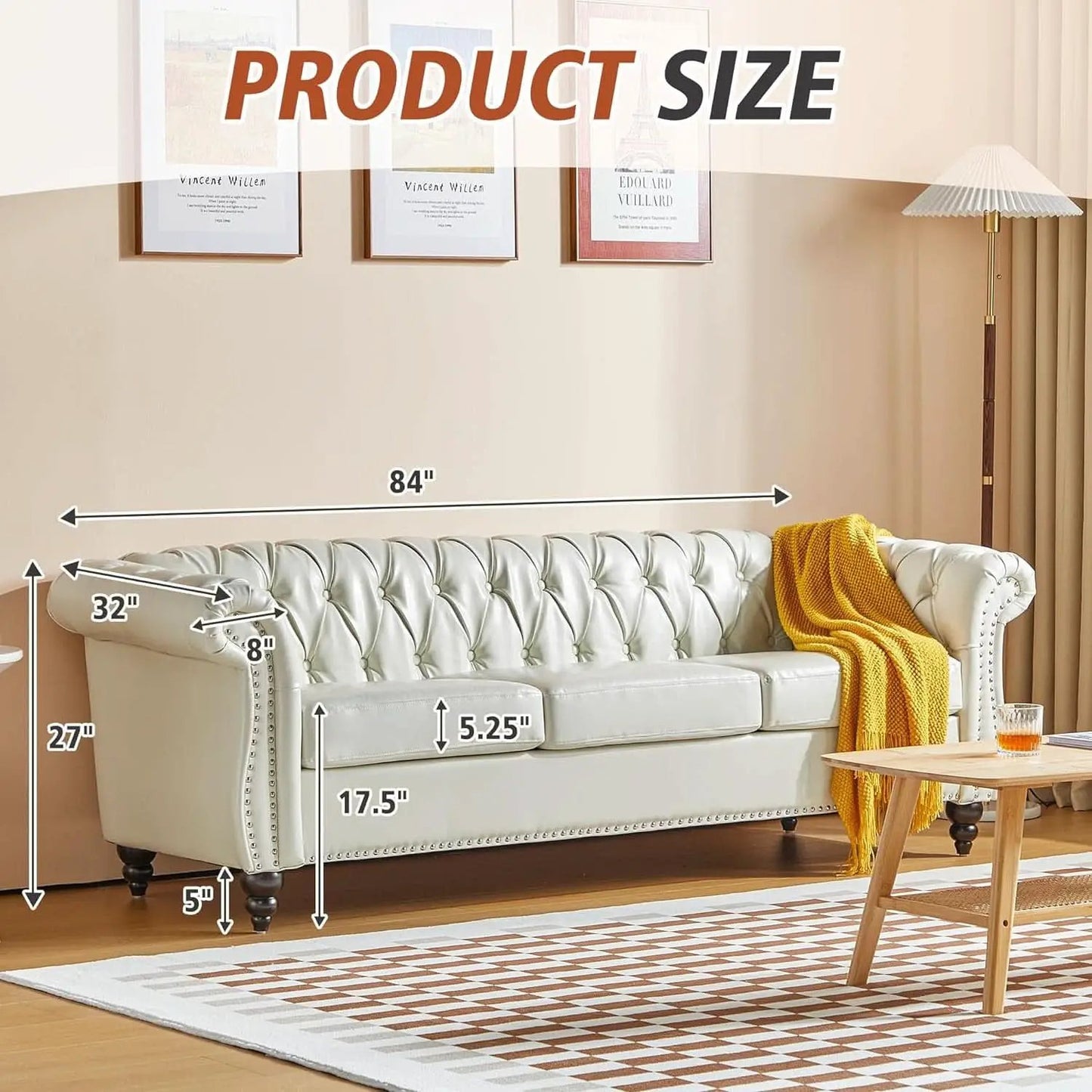 3 Piece Living Room Set Chesterfield Faux Leather Sofa Loveseat Chair White With Scroll Arms And Nailhead from PriceLows™