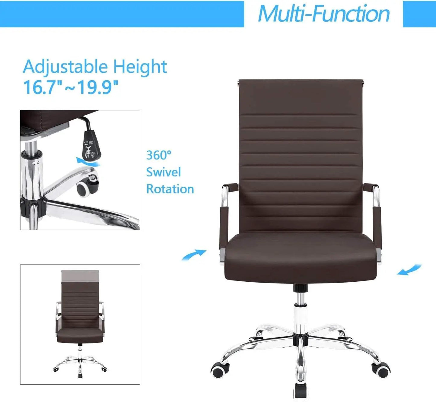 Ribbed PU Leather Office Chair With Arms Brown Adjustable from PriceLows™