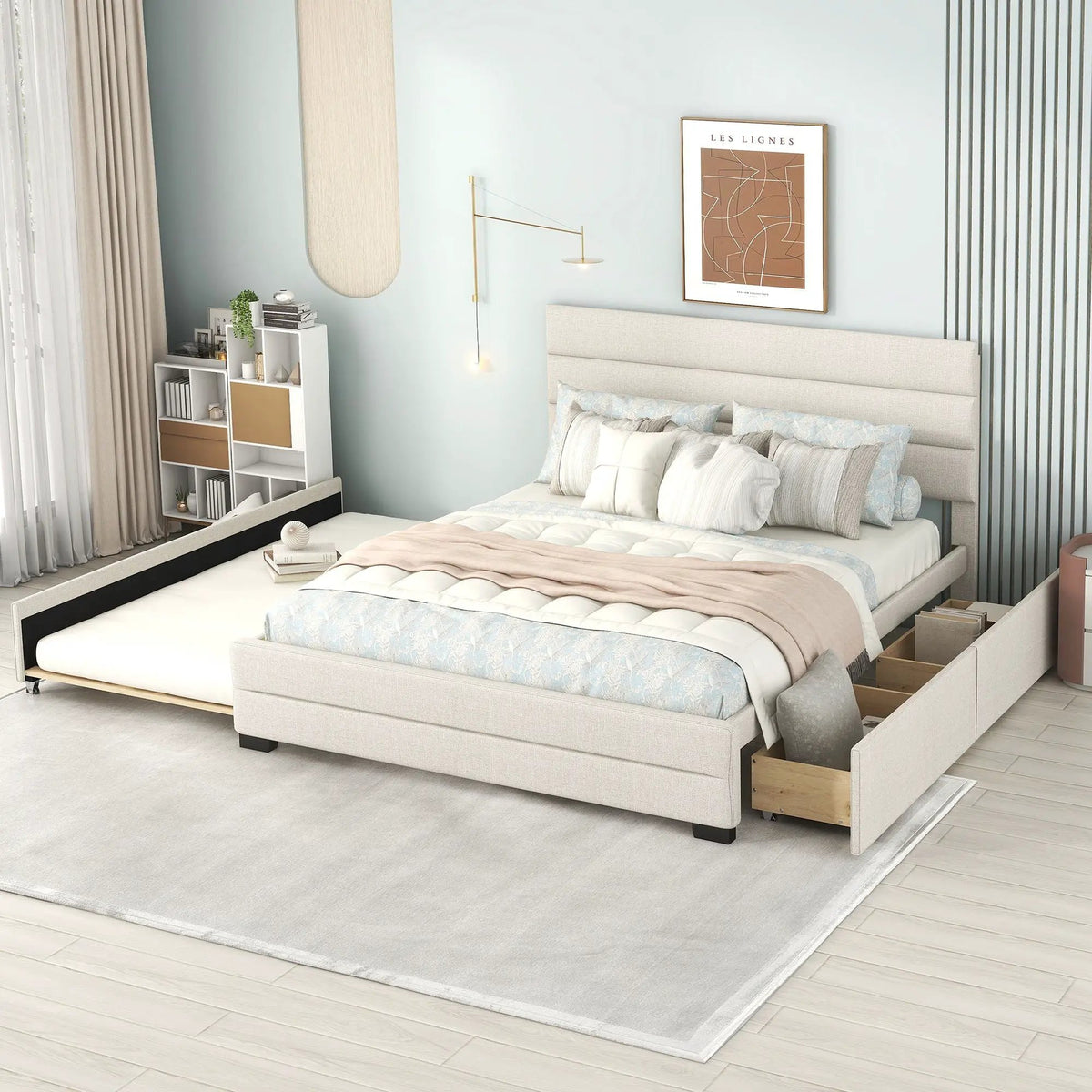 Queen Platform Bed | Twin Trundle | 2 Storage Drawers | Beige