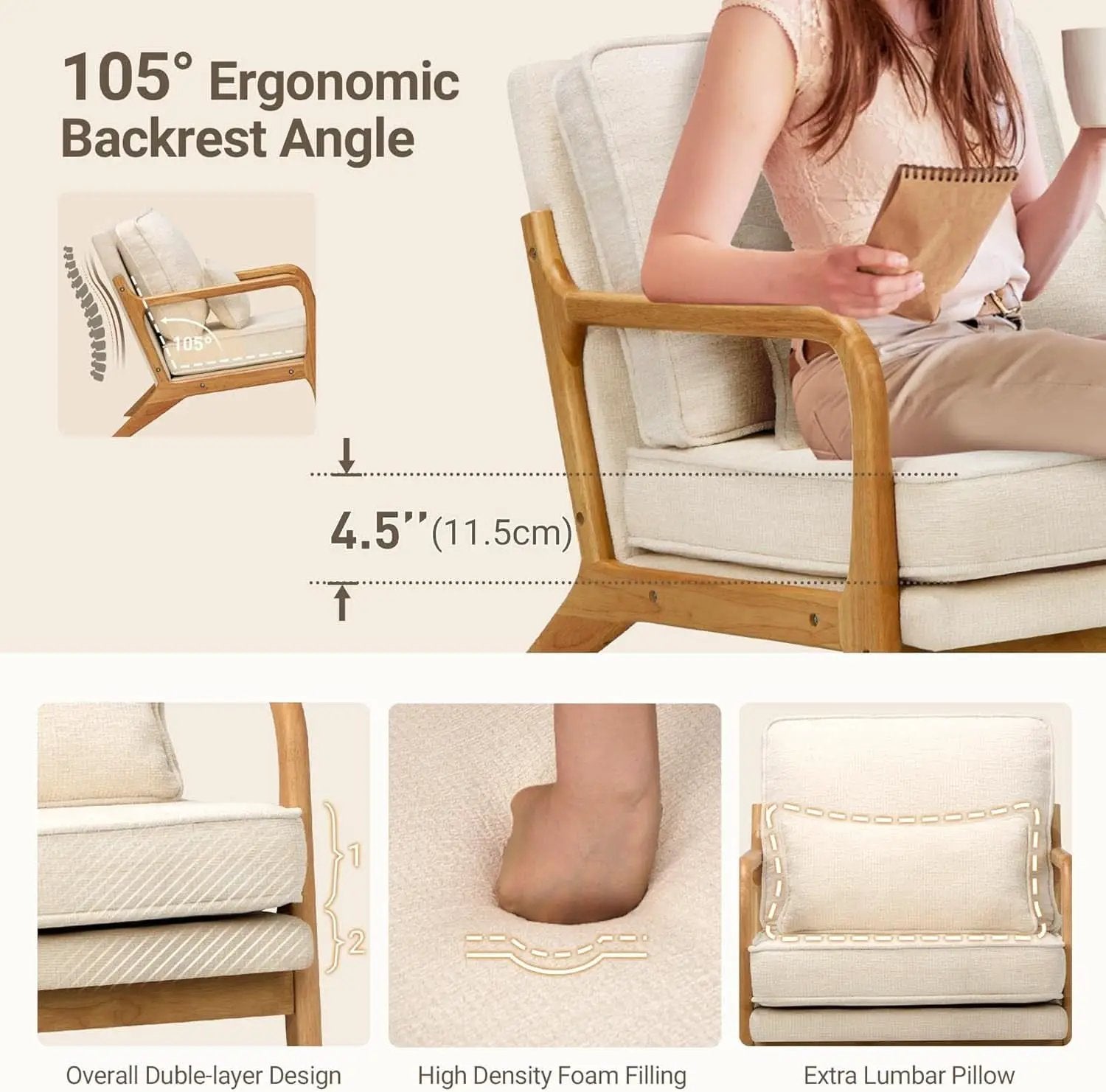 Beige Mid Century Modern Upholstered Armchairs Pair from PriceLows™