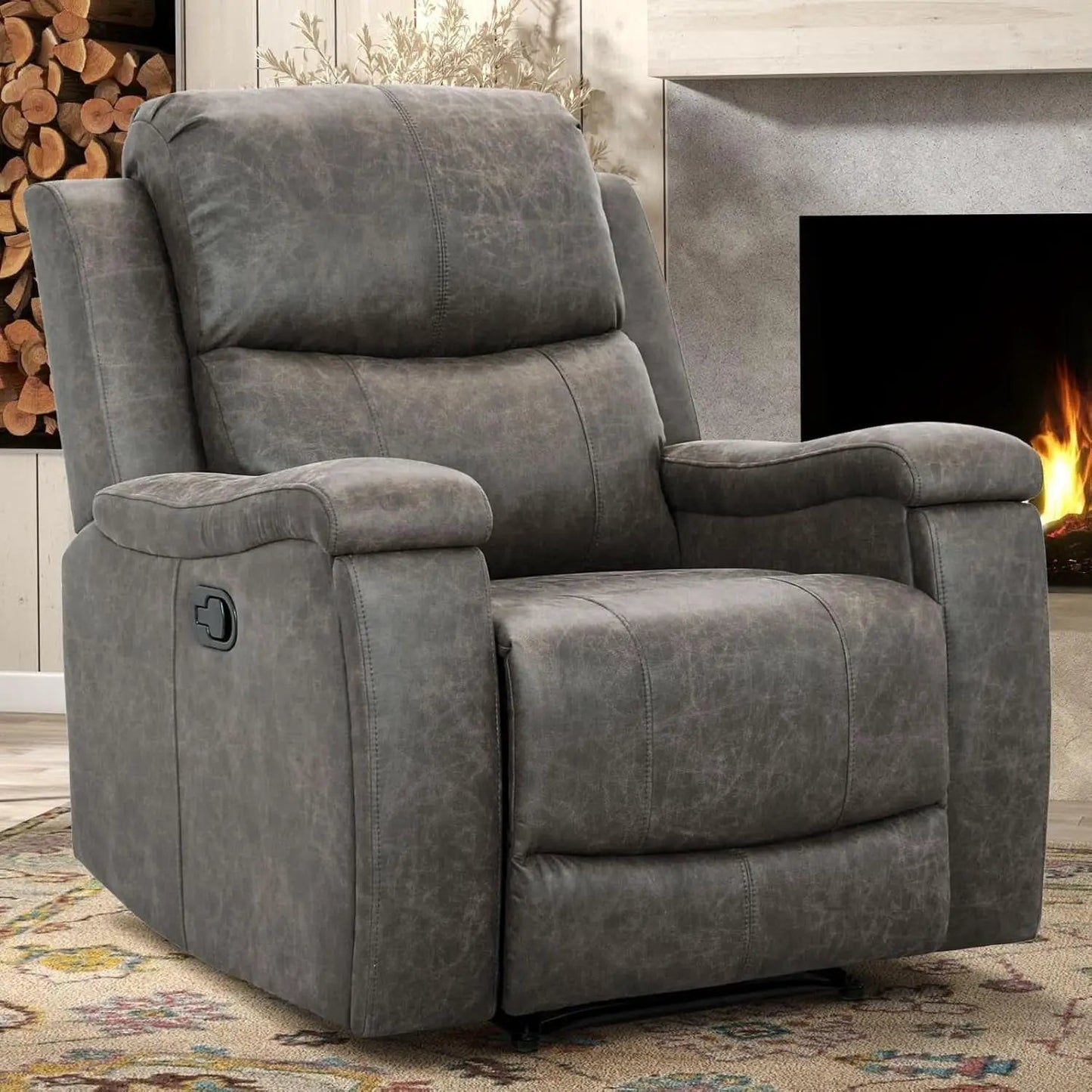 Grey Leather Recliner Chair With Cup Holders Living Room from PriceLows™
