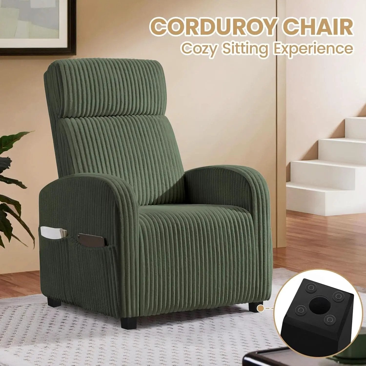 Corduroy Dark Green High-Back Armchair With Pockets from PriceLows™