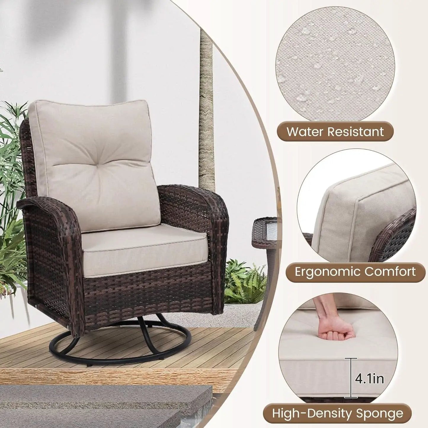 Two Outdoor Swivel Wicker Glider Patio Chairs With Table Set Brown Rattan And Beige Cushions from PriceLows™