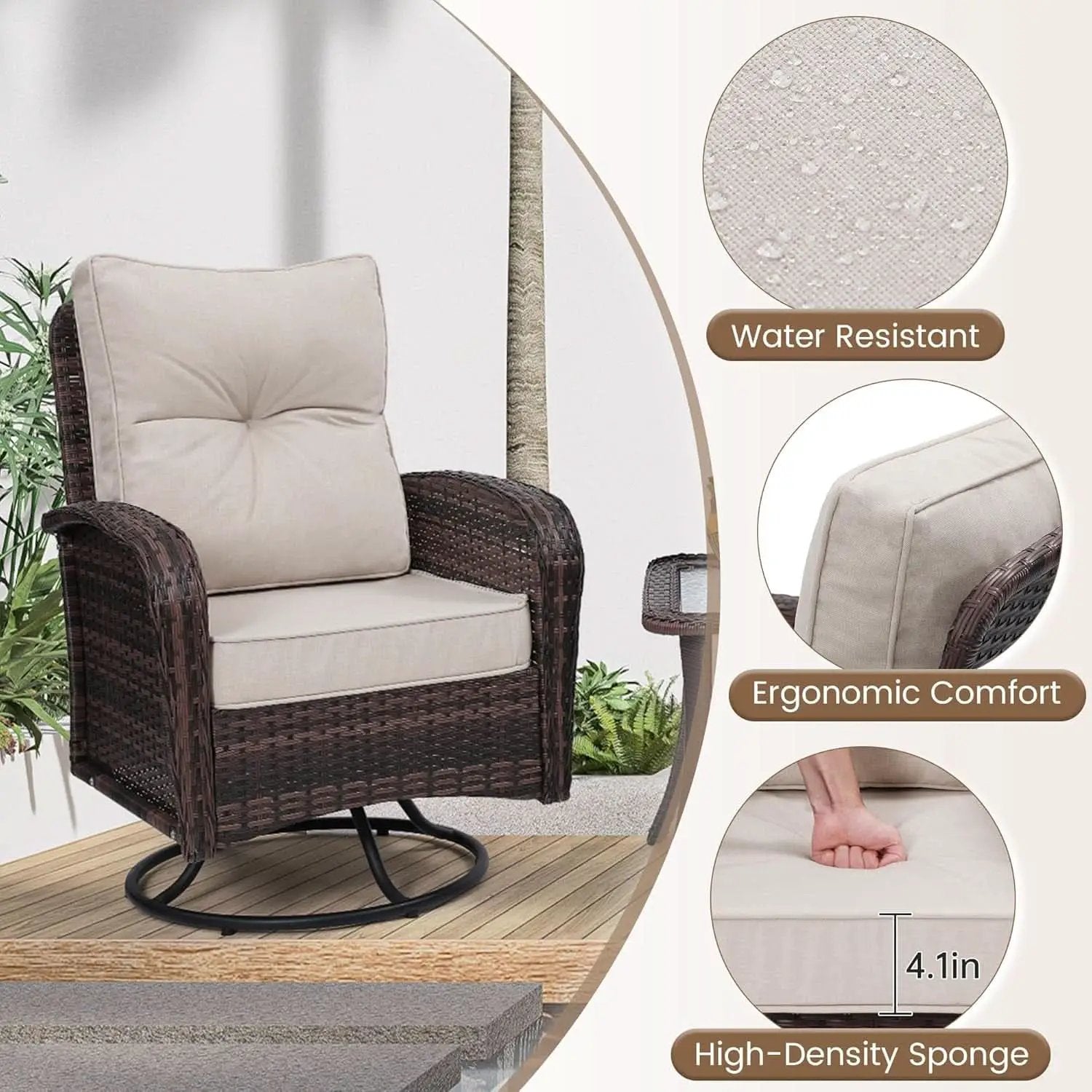 Two Outdoor Swivel Wicker Glider Patio Chairs With Table Set Brown Rattan And Beige Cushions from PriceLows™