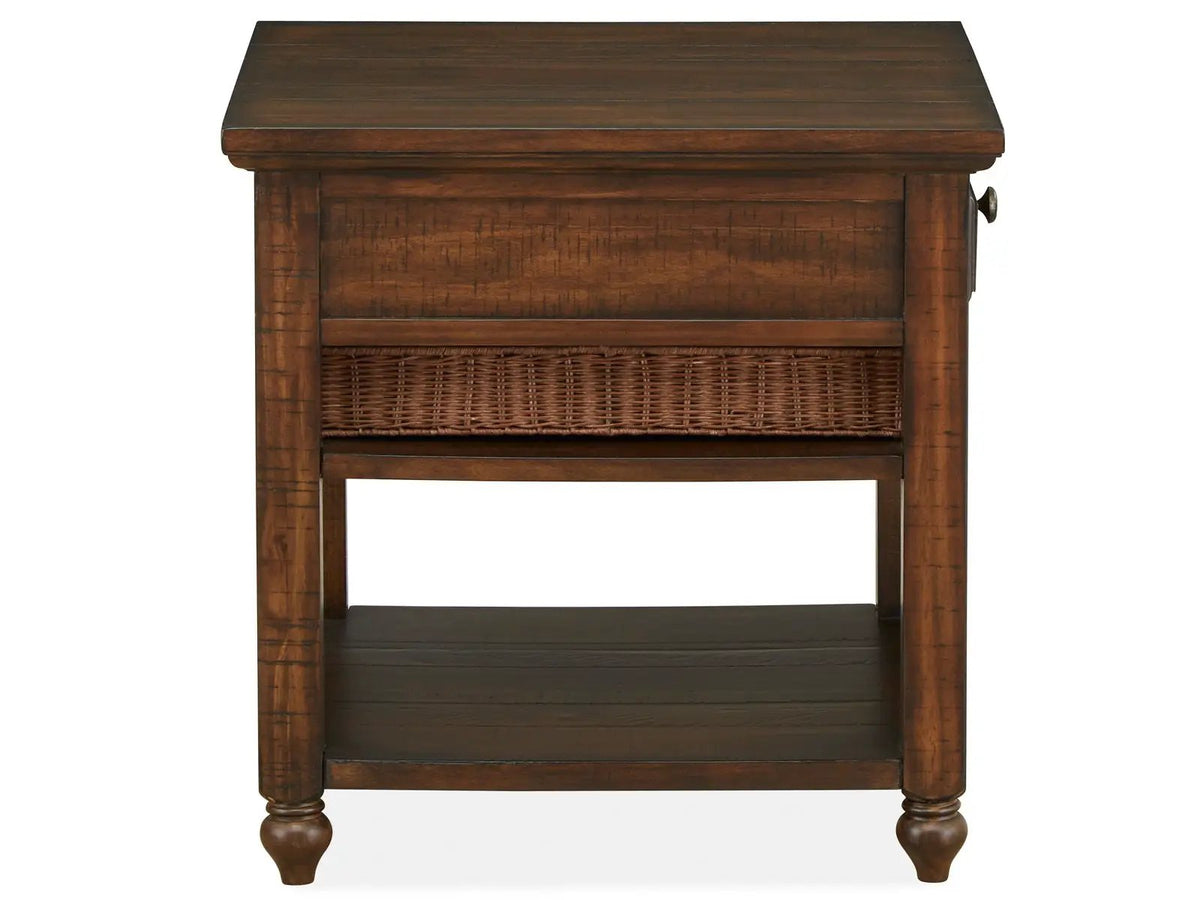 Cottage Lane Rectangular End Table | Coffee Finish | Rattan Baskets | Top Drawer