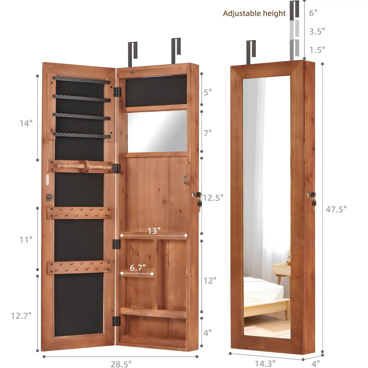 Jewelry Armoire With Full Length Mirror | Lockable Wall Mounted Cabinet | LED Light | Over The Door Use