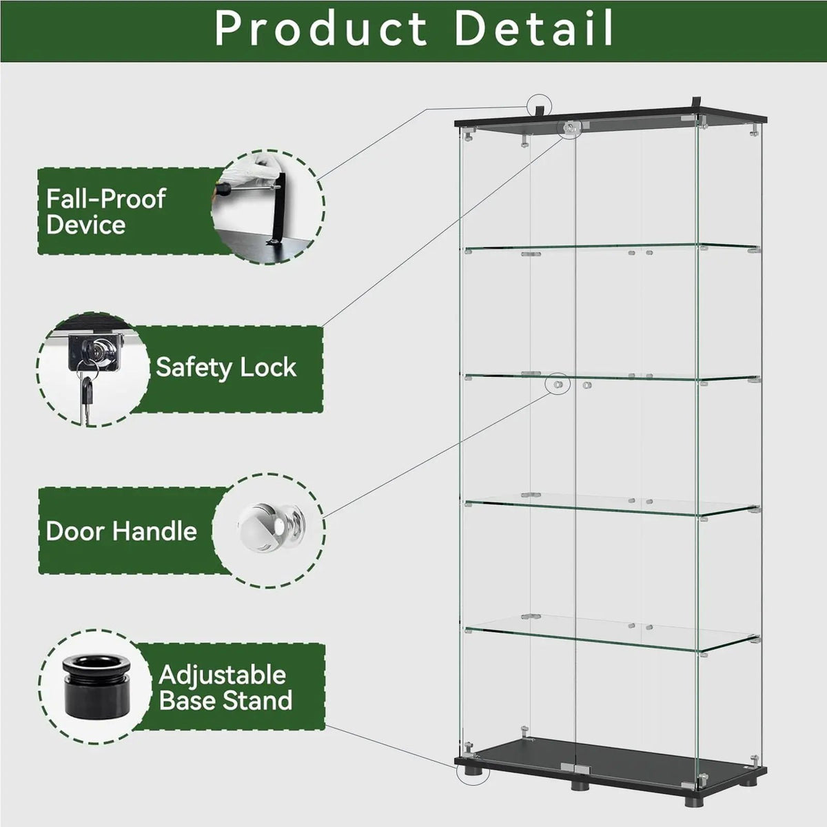 Display Cabinet With Lock | Double Doors | 5mm Tempered Glass Shelves | 50 Lb Shelf Capacity