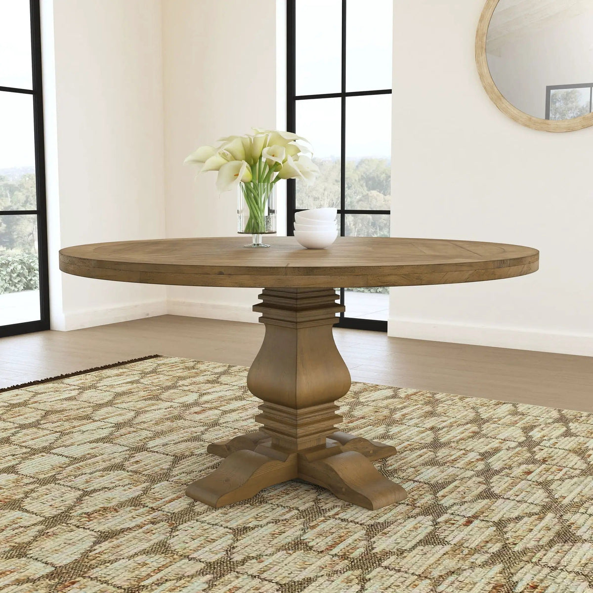 Florence Round 60-inch Wood Dining Table Rustic | 59.75 x 59.75 x 30 in | Veneer & Wood | Honey