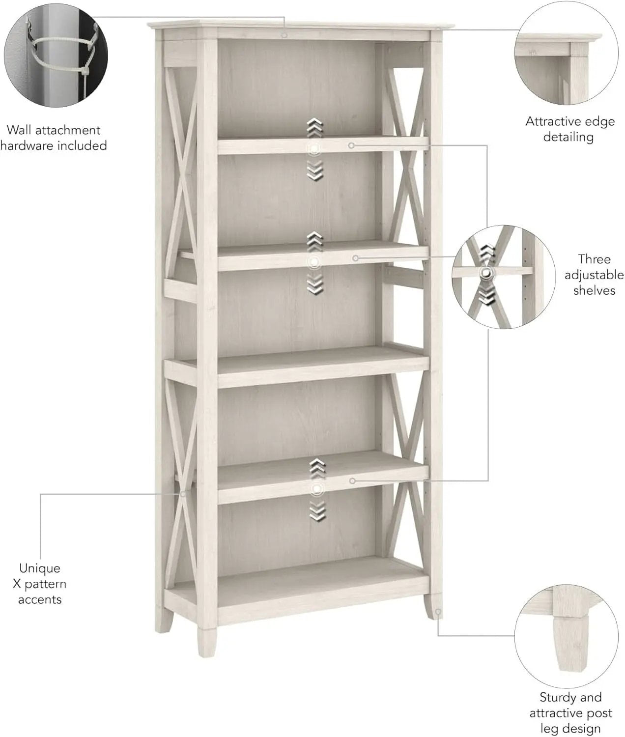 Tall 5 Shelf Bookcase Linen White Oak Modern Farmhouse from PriceLows™
