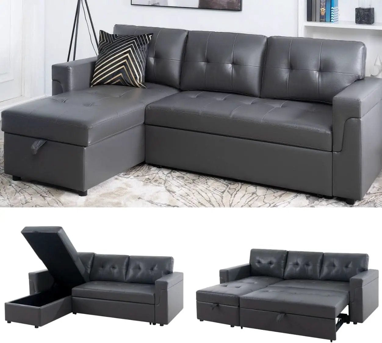Sleeper Sectional Sofa With Convertible Bed In Dark Gray from PriceLows™