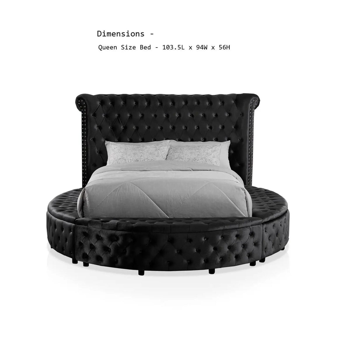 Glam Round Bed | Button Tufted Wingback Headboard | Storage | USB Ports