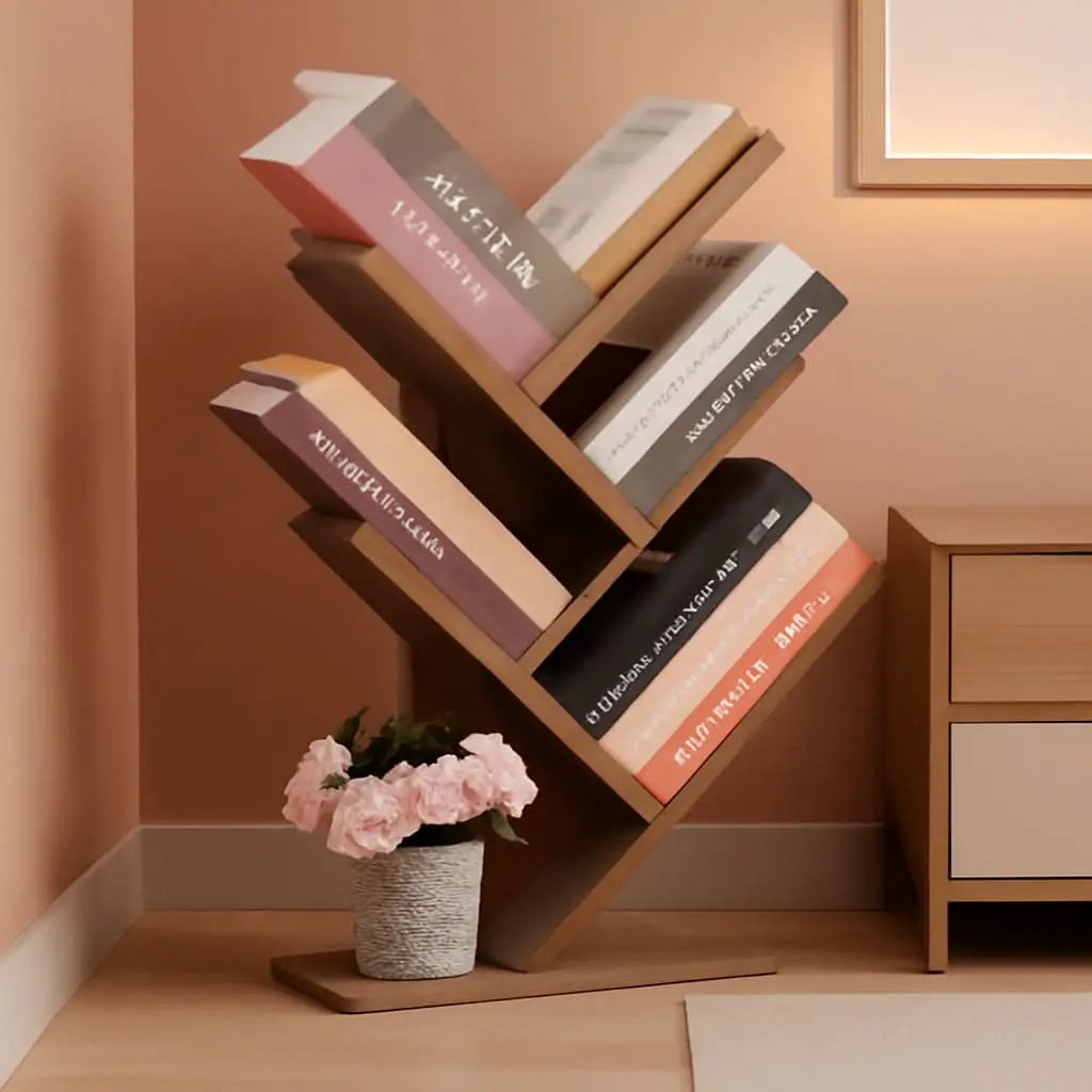Greige 4 Tier Tree Bookshelf Modern Storage Bookcase from PriceLows™