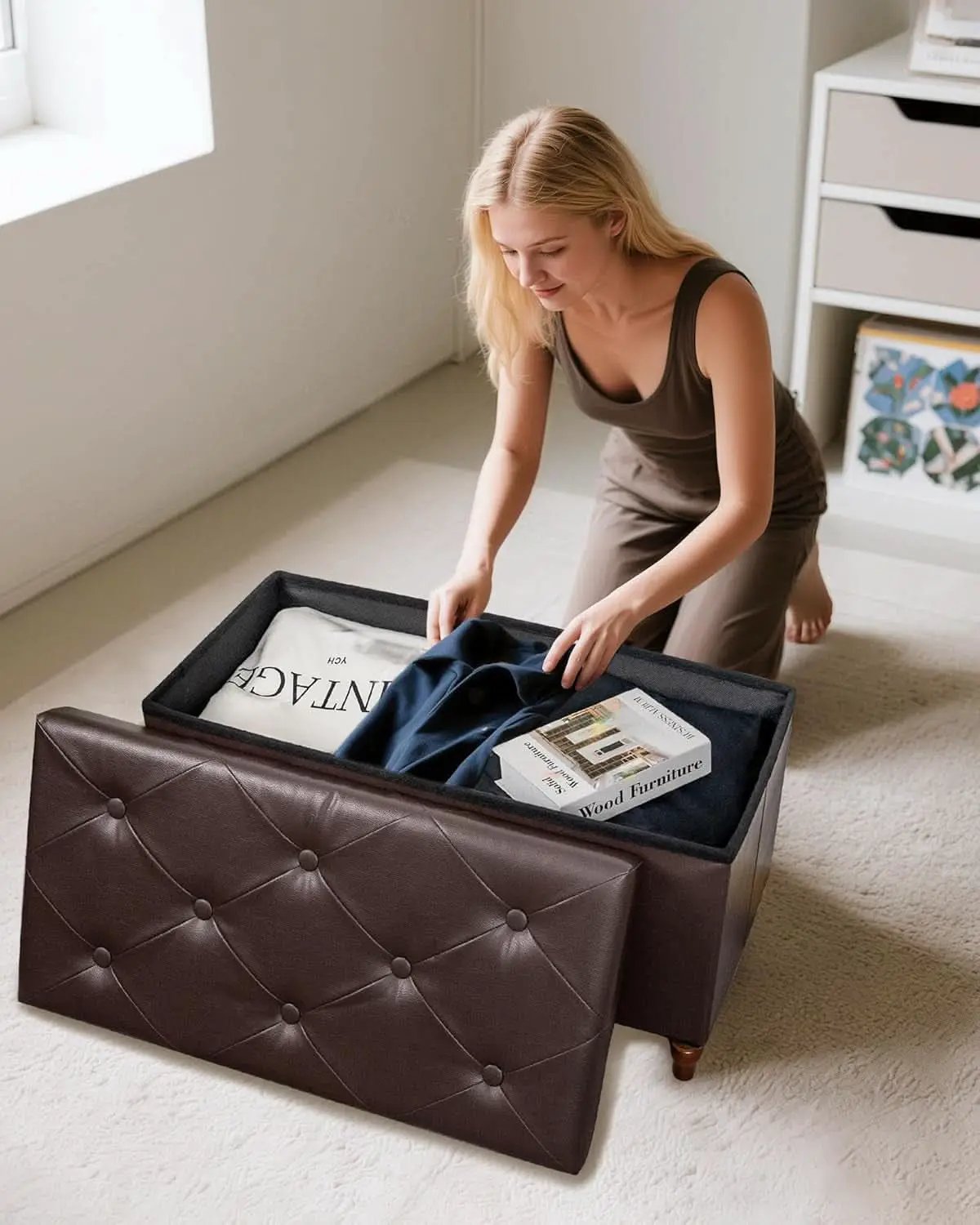 Thirty Inch Durable Storage Ottoman Bench Chest Brown from PriceLows™