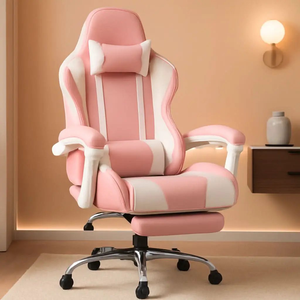 Pink Gaming Chair With Footrest And Lumbar Support Height Adjustable from PriceLows™