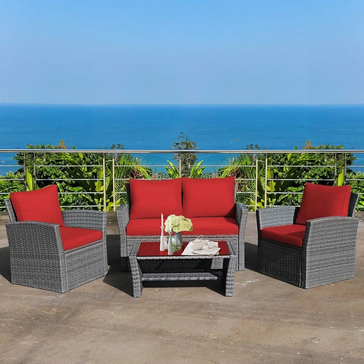 4 Piece All Weather Patio Furniture Set With Cushions And Glass Table from PriceLows™