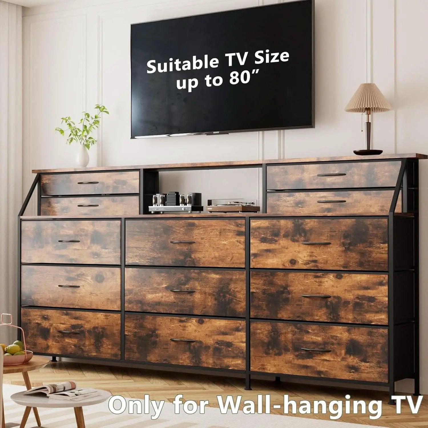 SeventyTwoInch Wide Dresser With Fabric Drawers RusticBrownWoodTop from PriceLows™