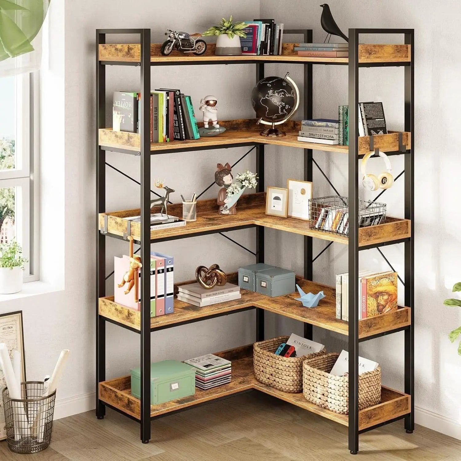 65 Inch Five Tier Corner Bookshelf With Open Shelves from PriceLows™
