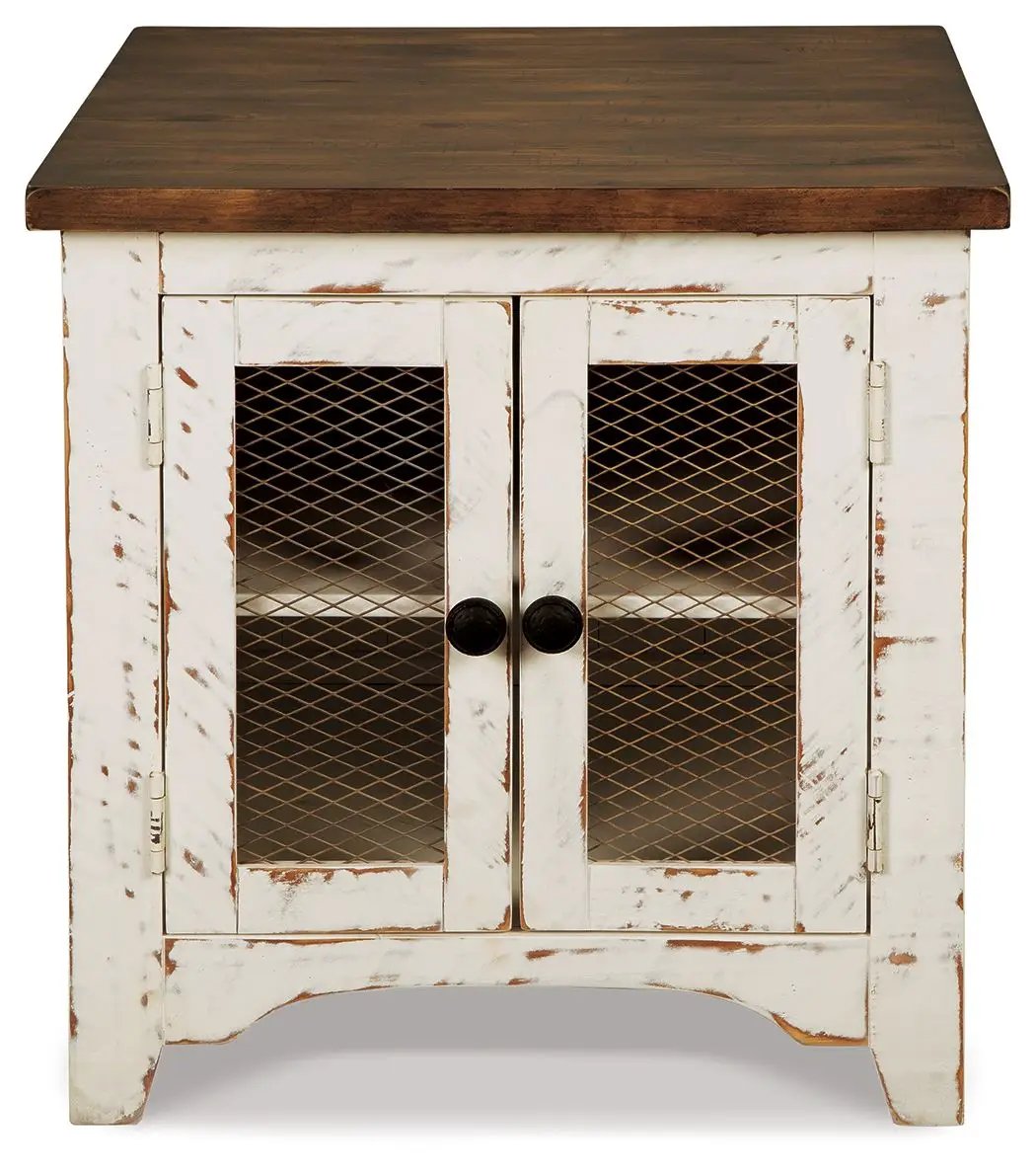 Wystfield Rectangular End Table | White And Brown | Two Doors | Adjustable Shelf