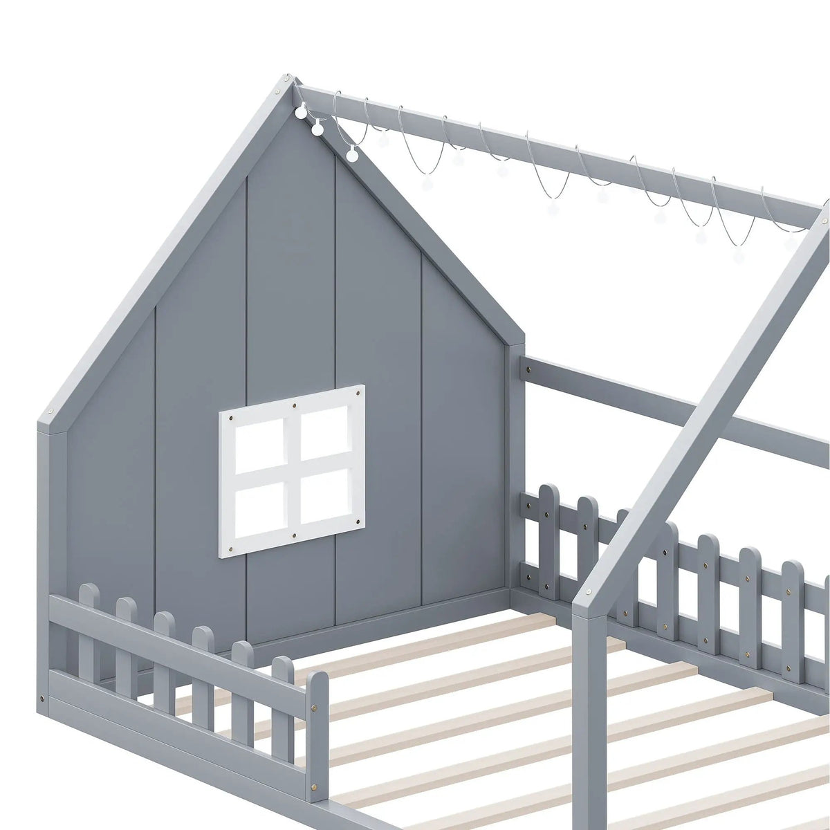 Platform House Bed | Window And Fence Design | Solid Pine Wood | Built-In LED Light
