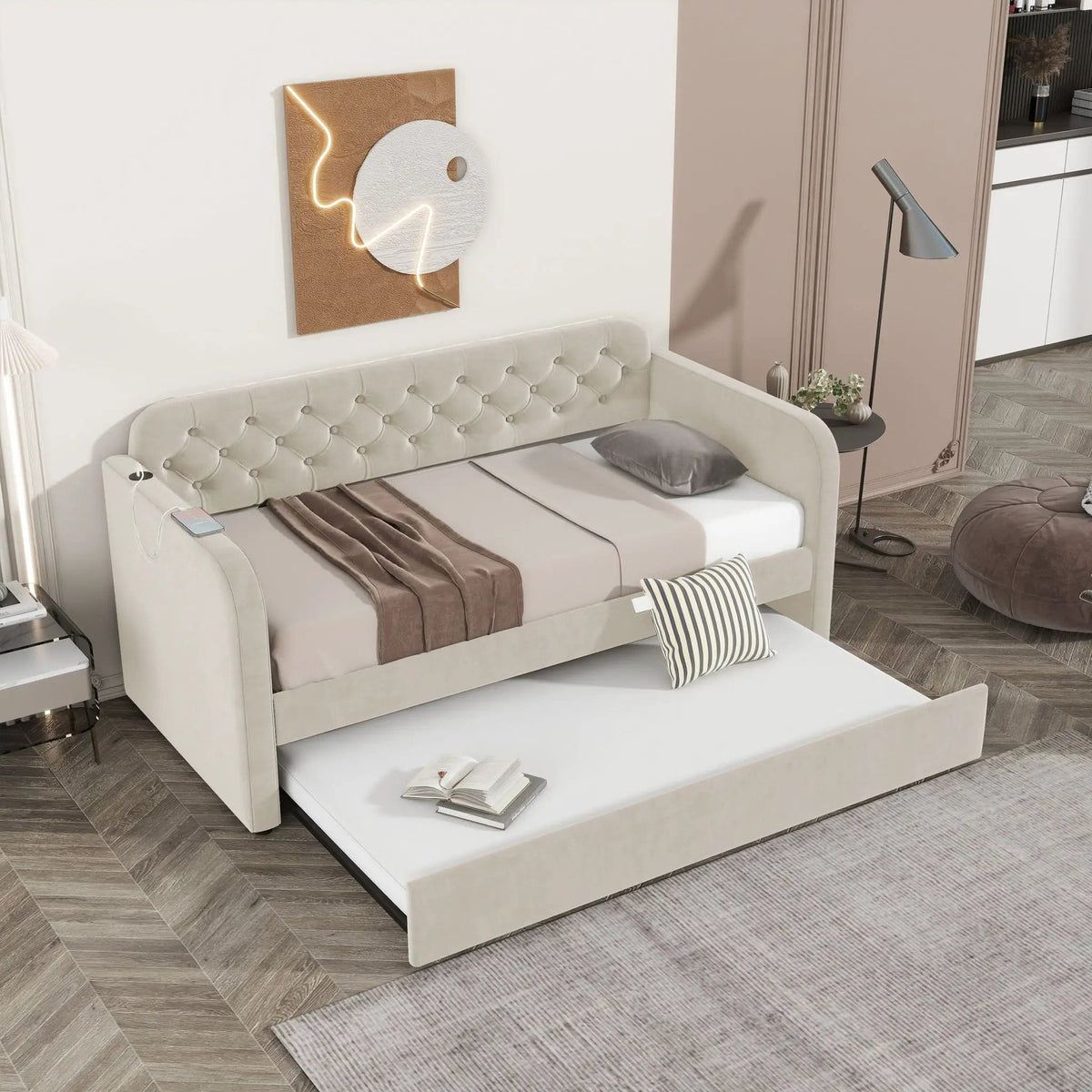 Upholstered Daybed With Trundle And USB Charging Design | 2 Pieces | Fabric | Bedroom