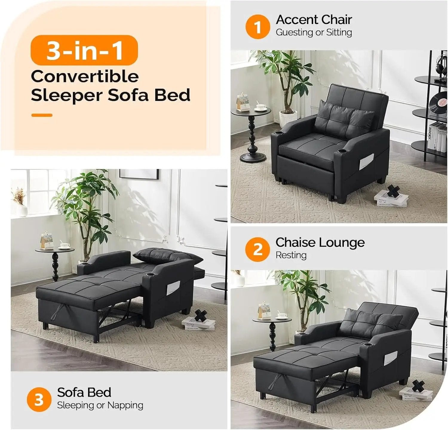 Black Multifunctional Sleeper Chair Sofa Bed Usb Ports from PriceLows™