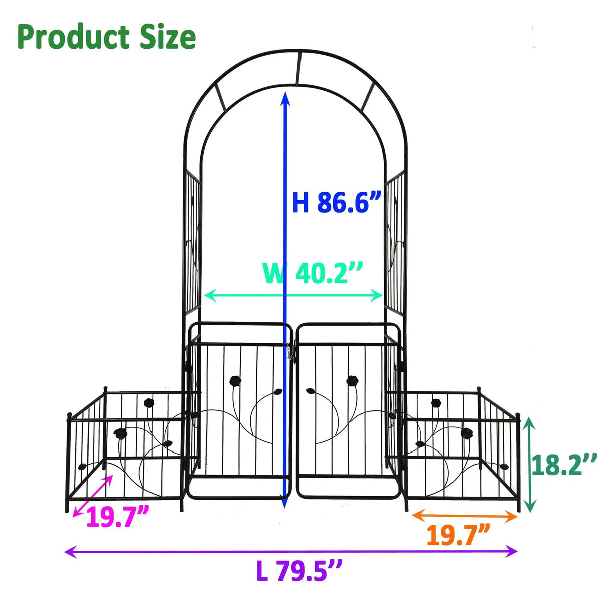 Wide Metal Garden Arch With Gate | Black | 79.5 Inch Width | 86.6 Inch Height