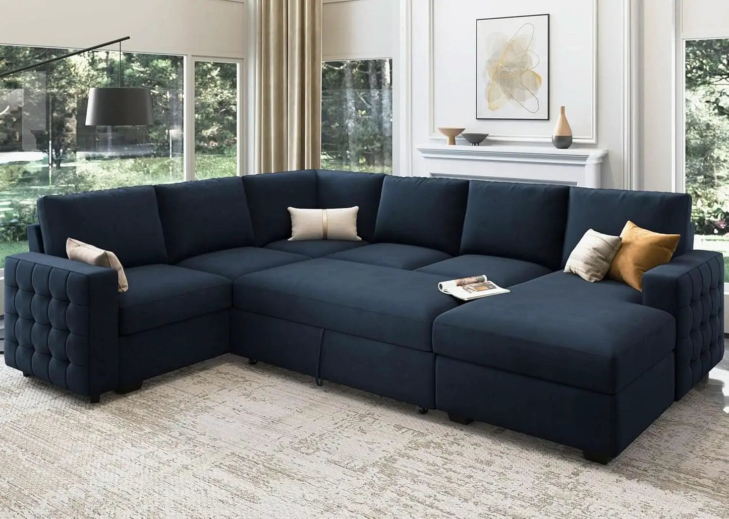 Blue Velvet U Shaped Sleeper Sofa With Pull Out Bed from PriceLows™