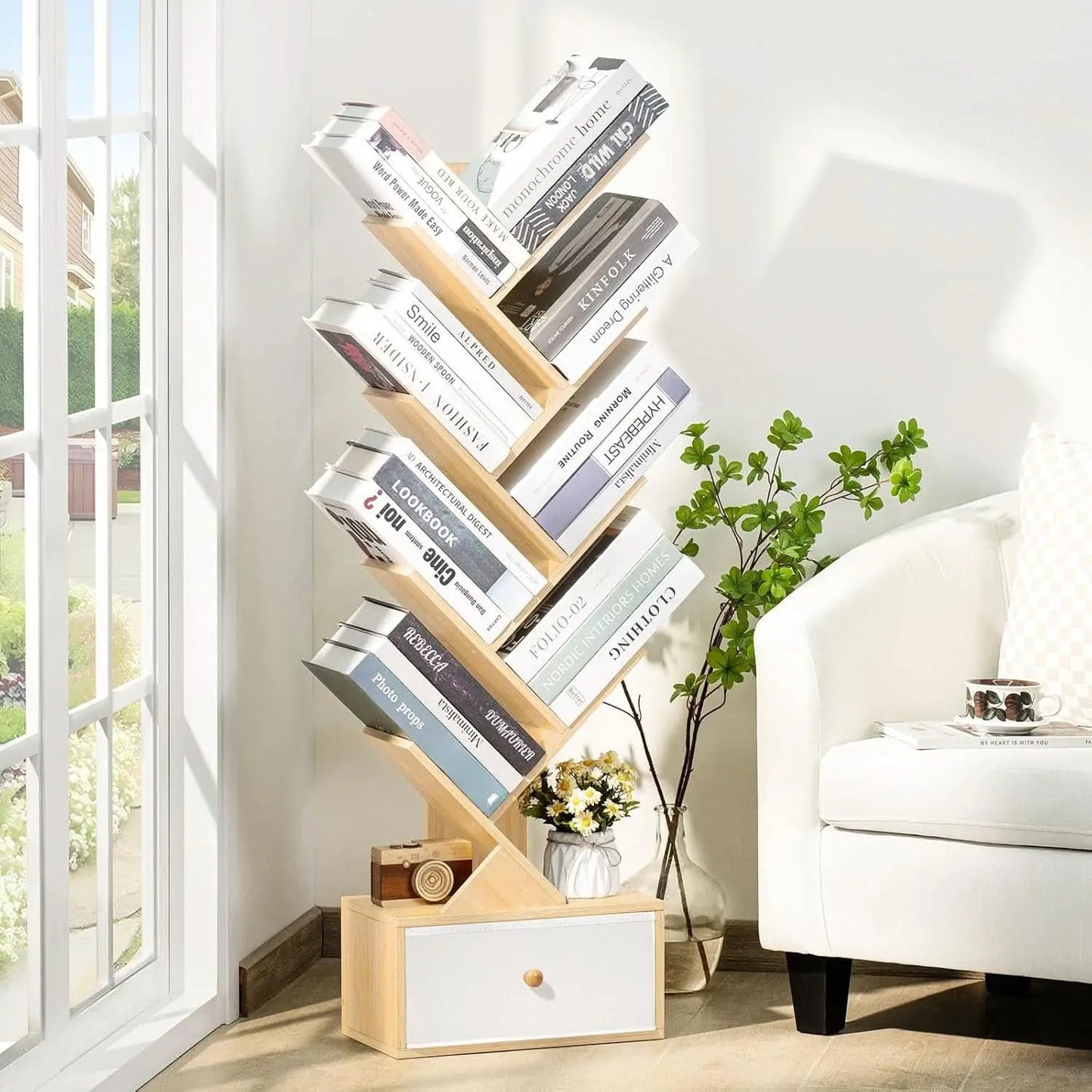 8 Tier Tree Bookshelf With Drawer Natural Wood Bookcase from PriceLows™