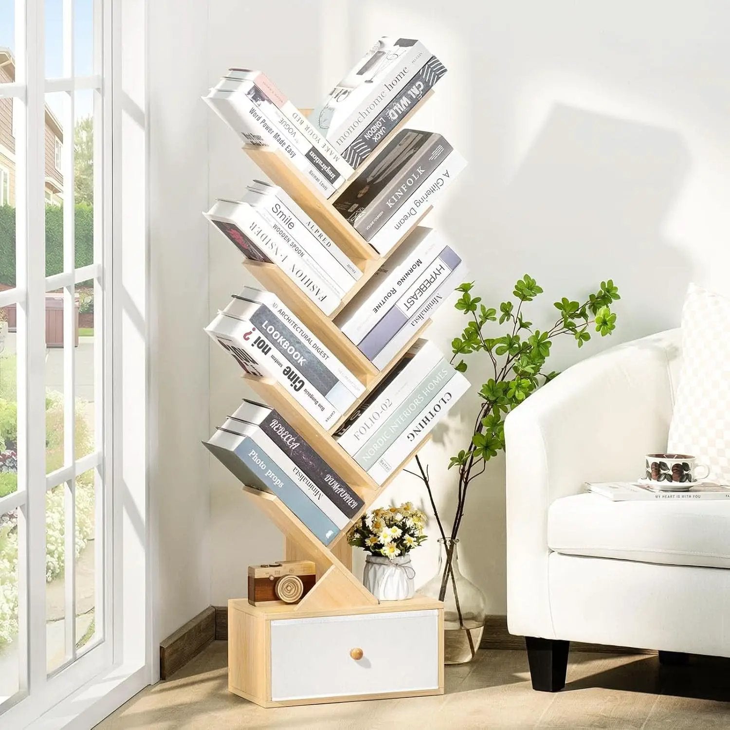 8 Tier Tree Bookshelf With Drawer Natural Wood Bookcase from PriceLows™