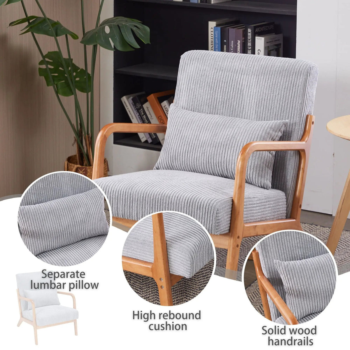 Upholstered Accent Arm Chair | Rubberwood Frame | Removable Pillow | Natural Texture