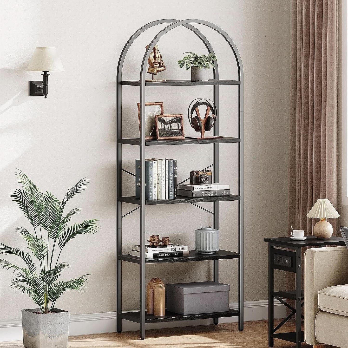 Tall Black Arched Bookcase With 5 Open Shelves For Living Room from PriceLows™